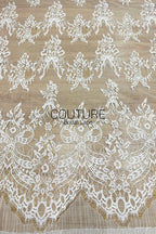 Chantilly Lace: White Ribbon Bow Floral Bouquet Grid with Ornate Arch Openwork Border, 3 Meters