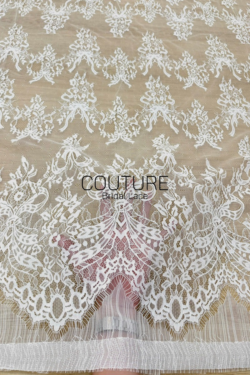 Chantilly Lace: White Ribbon Bow Floral Bouquet Grid with Ornate Arch Openwork Border, 3 Meters