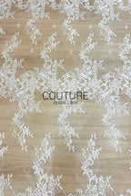Chantilly Lace: White Diagonal Herringbone Floral Spray Cascade with Floral Arch Scalloped Border, 3 Meters