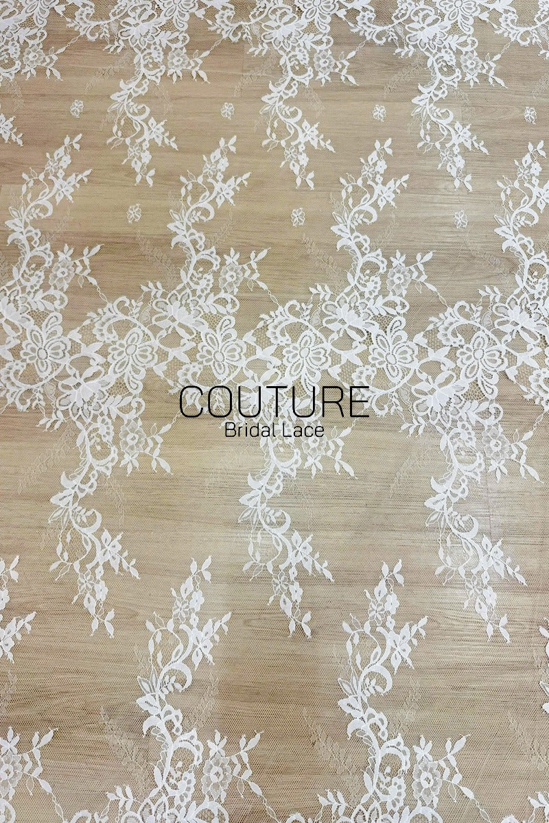 Chantilly Lace: White Diagonal Herringbone Floral Spray Cascade with Floral Arch Scalloped Border, 3 Meters