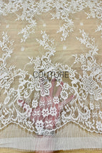 Chantilly Lace: White Diagonal Herringbone Floral Spray Cascade with Floral Arch Scalloped Border, 3 Meters