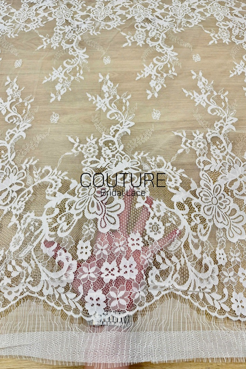 Chantilly Lace: White Diagonal Herringbone Floral Spray Cascade with Floral Arch Scalloped Border, 3 Meters
