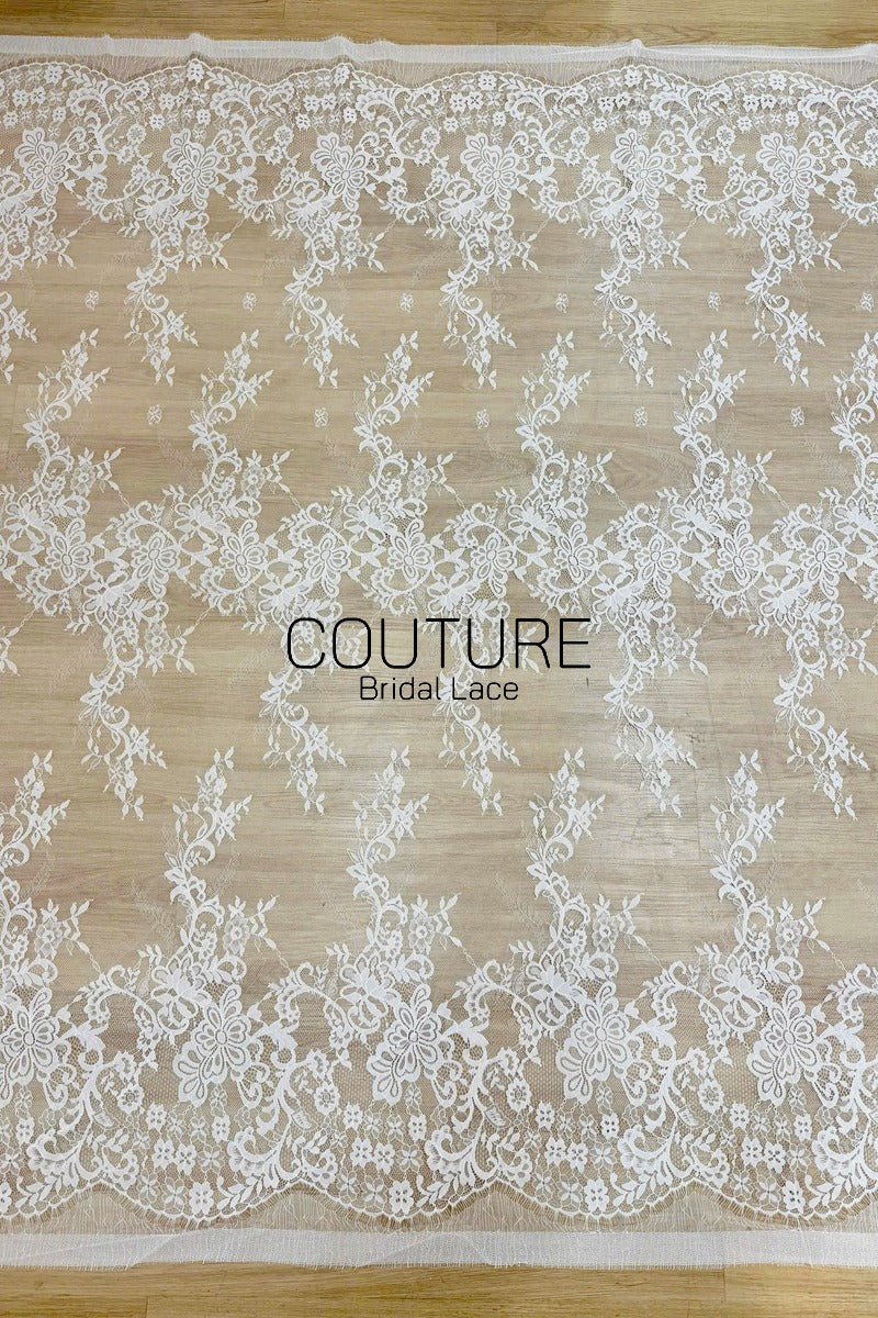 Chantilly Lace: White Diagonal Herringbone Floral Spray Cascade with Floral Arch Scalloped Border, 3 Meters