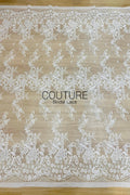 Chantilly Lace: White Diagonal Herringbone Floral Spray Cascade with Floral Arch Scalloped Border, 3 Meters