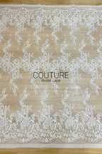 Chantilly Lace: White Diagonal Herringbone Floral Spray Cascade with Floral Arch Scalloped Border, 3 Meters