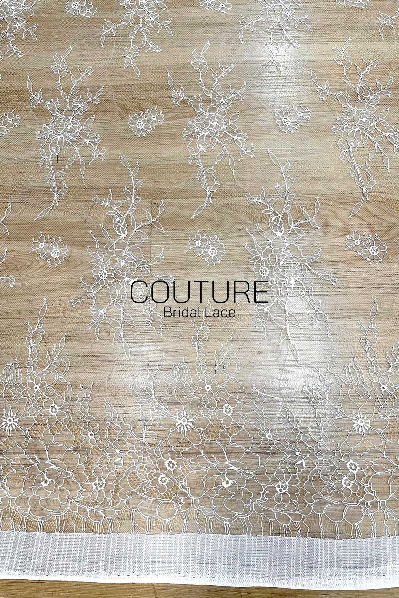 Chantilly Lace: White Ultra-Sheer Scattered Twig Sprigs and Dots with Open Flower Loop Scalloped Border, 3 Meters