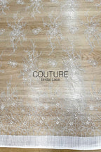 Chantilly Lace: White Ultra-Sheer Scattered Twig Sprigs and Dots with Open Flower Loop Scalloped Border, 3 Meters