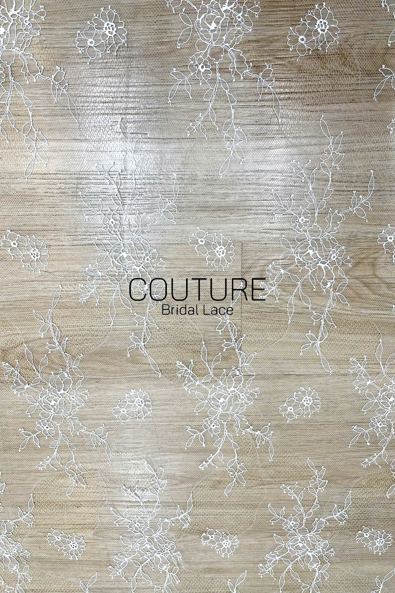 Chantilly Lace: White Ultra-Sheer Scattered Twig Sprigs and Dots with Open Flower Loop Scalloped Border, 3 Meters