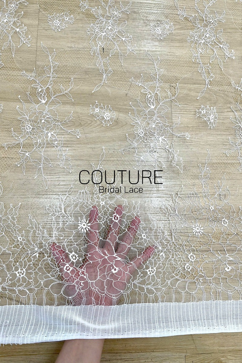 Chantilly Lace: White Ultra-Sheer Scattered Twig Sprigs and Dots with Open Flower Loop Scalloped Border, 3 Meters