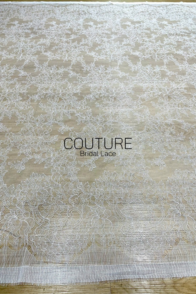 Chantilly Lace: White Dense Allover Floral Clusters with Multi-Layer Scrolling Bubble Openwork Border, 3 Meters