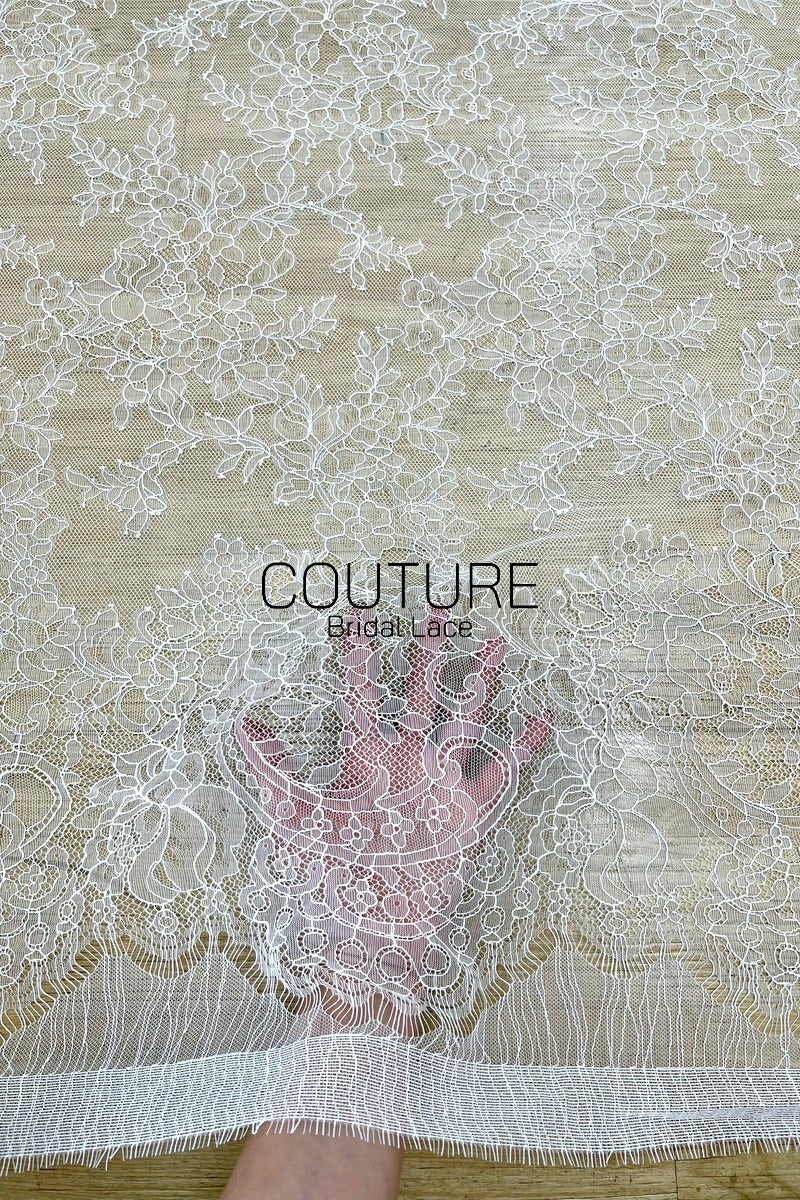 Chantilly Lace: White Dense Allover Floral Clusters with Multi-Layer Scrolling Bubble Openwork Border, 3 Meters