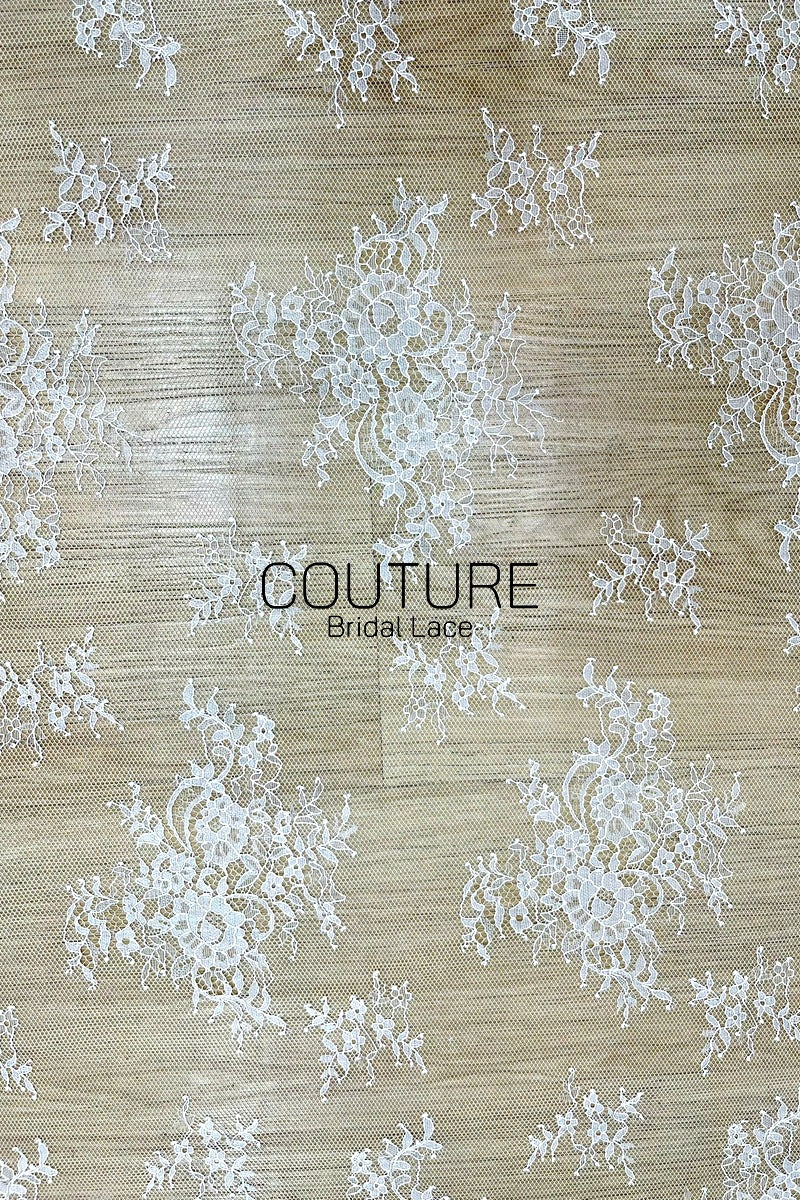 Chantilly Lace: White Scattered Floral Clusters with Trailing Vine Sprigs and Baroque Arch Scalloped Border, 3 Meters