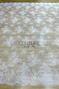 Chantilly Lace: White Scattered Floral Clusters with Trailing Vine Sprigs and Baroque Arch Scalloped Border, 3 Meters