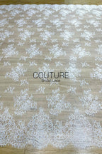 Chantilly Lace: White Scattered Floral Clusters with Trailing Vine Sprigs and Baroque Arch Scalloped Border, 3 Meters