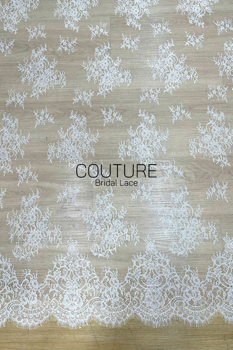 Chantilly Lace: White Scattered Floral Clusters with Trailing Vine Sprigs and Baroque Arch Scalloped Border, 3 Meters