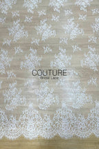 Chantilly Lace: White Scattered Floral Clusters with Trailing Vine Sprigs and Baroque Arch Scalloped Border, 3 Meters