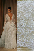 Sequins Chantilly Lace: White Scattered Floral and Leafy Motif with Delicate Scalloped Eyelash Fringe, 3 Meters