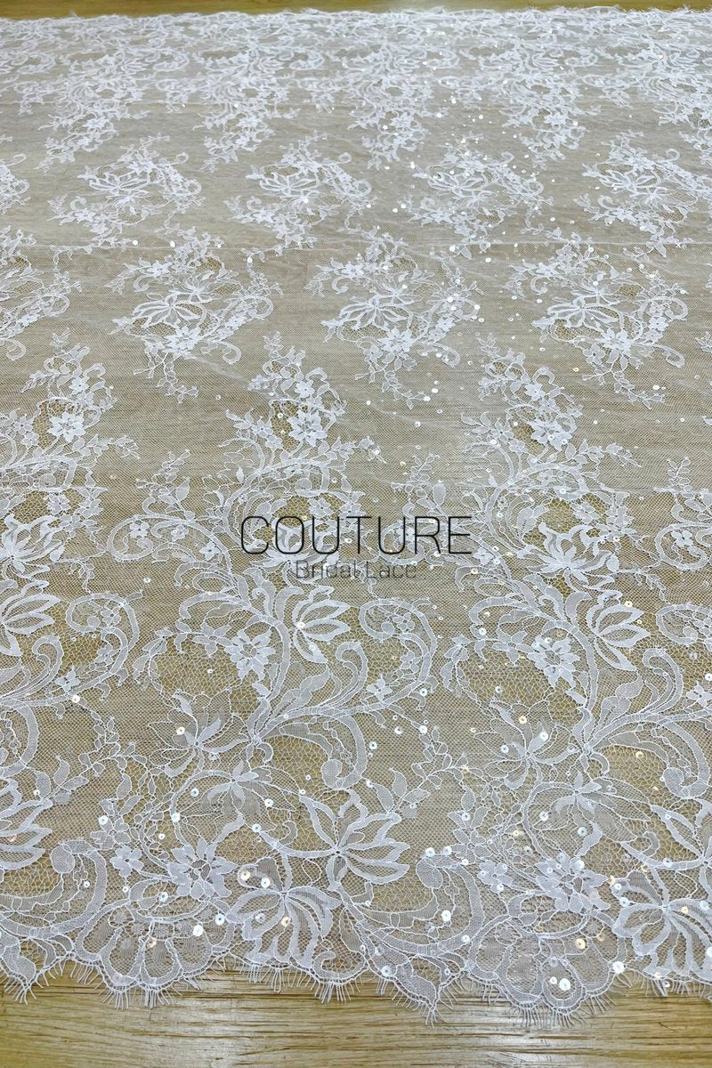 Sequins Chantilly Lace: White Scattered Floral and Leafy Motif with Delicate Scalloped Eyelash Fringe, 3 Meters
