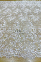 Sequins Chantilly Lace: White Scattered Floral and Leafy Motif with Delicate Scalloped Eyelash Fringe, 3 Meters