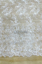 Sequins Chantilly Lace: White Scattered Floral and Leafy Motif with Delicate Scalloped Eyelash Fringe, 3 Meters
