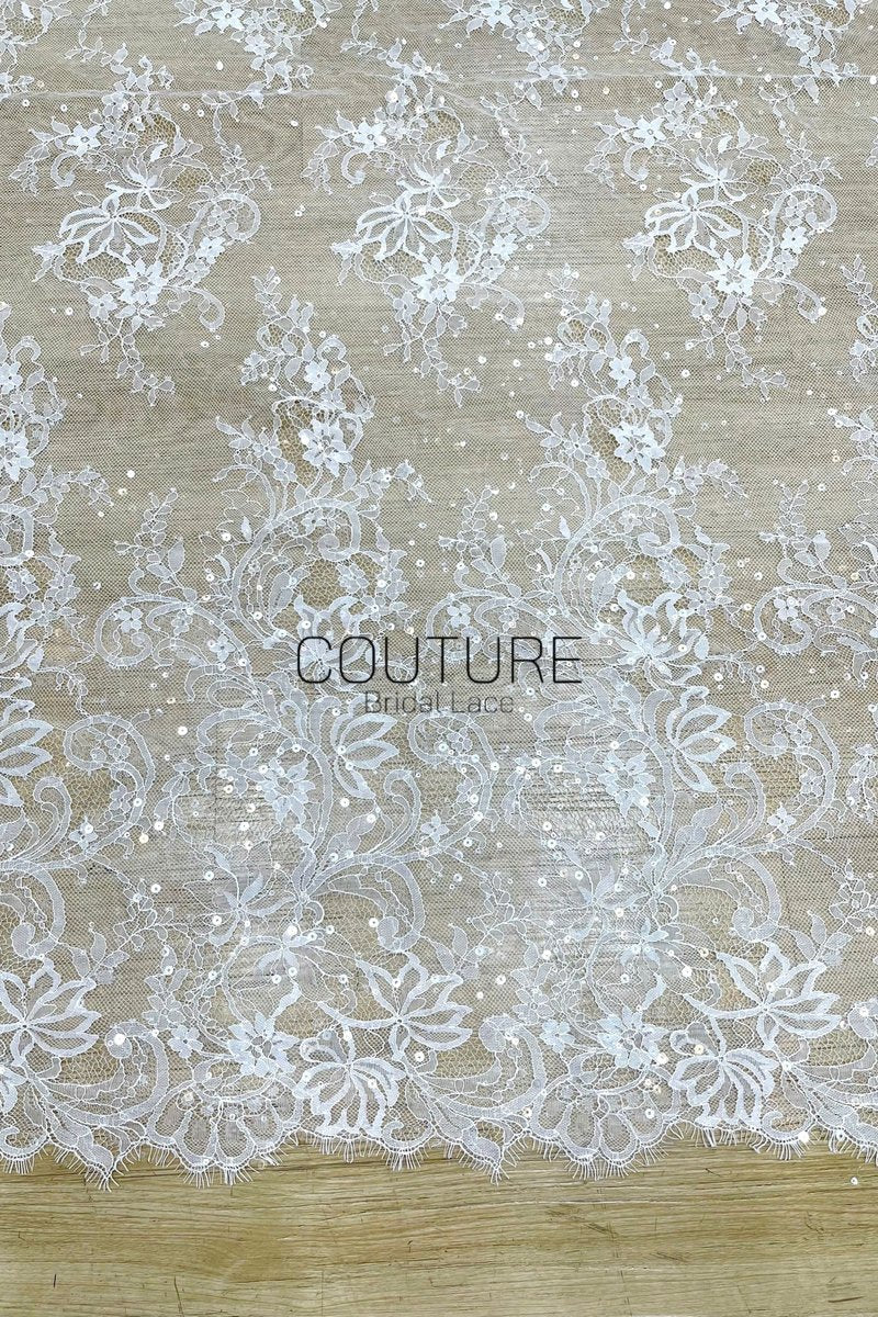 Sequins Chantilly Lace: White Scattered Floral and Leafy Motif with Delicate Scalloped Eyelash Fringe, 3 Meters