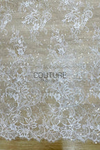 Sequins Chantilly Lace: White Scattered Floral and Leafy Motif with Delicate Scalloped Eyelash Fringe, 3 Meters