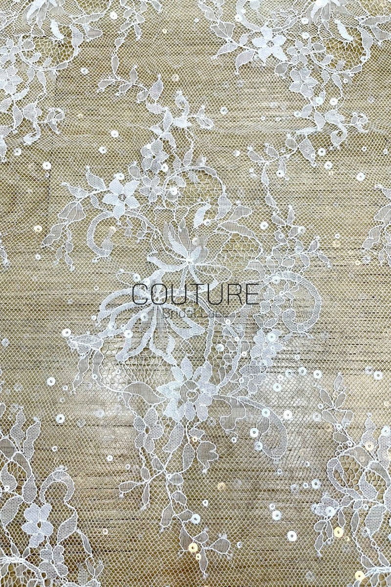Sequins Chantilly Lace: White Scattered Floral and Leafy Motif with Delicate Scalloped Eyelash Fringe, 3 Meters