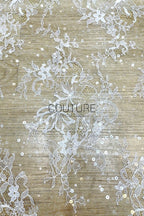Sequins Chantilly Lace: White Scattered Floral and Leafy Motif with Delicate Scalloped Eyelash Fringe, 3 Meters