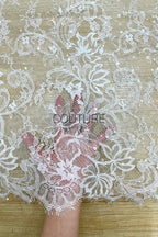 Sequins Chantilly Lace: White Scattered Floral and Leafy Motif with Delicate Scalloped Eyelash Fringe, 3 Meters