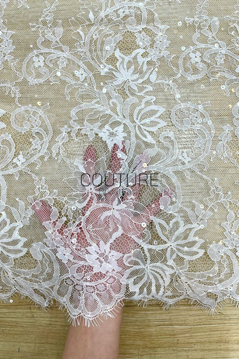 Sequins Chantilly Lace: White Scattered Floral and Leafy Motif with Delicate Scalloped Eyelash Fringe, 3 Meters