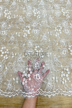 Sequins Chantilly Lace: Ivory Scattered Floral Sprays And Blossoms With Delicate Double Scalloped Eyelash Border, 3 Meters