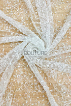 Beaded Chantilly Lace: Ivory Allover Climbing Floral with Scattered Navette Sequins and Ornate Scalloped Border, 3 Meters