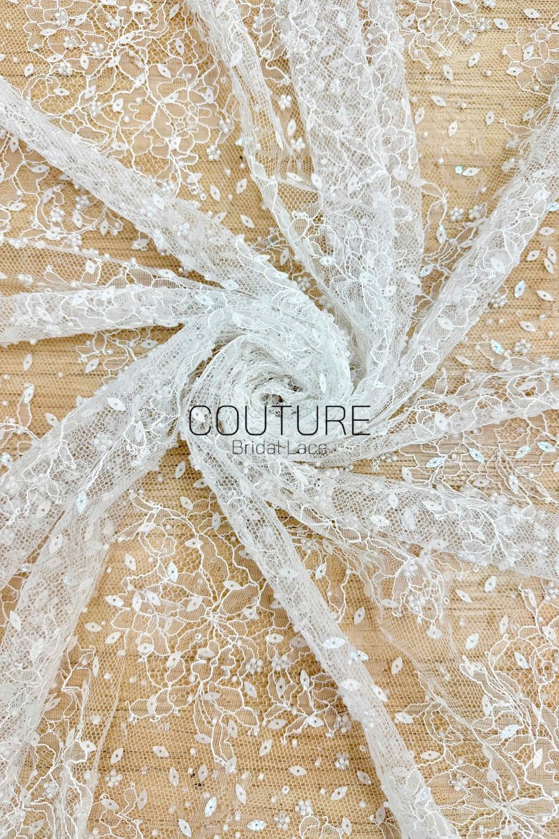 Beaded Chantilly Lace: Ivory Allover Climbing Floral with Scattered Navette Sequins and Ornate Scalloped Border, 3 Meters