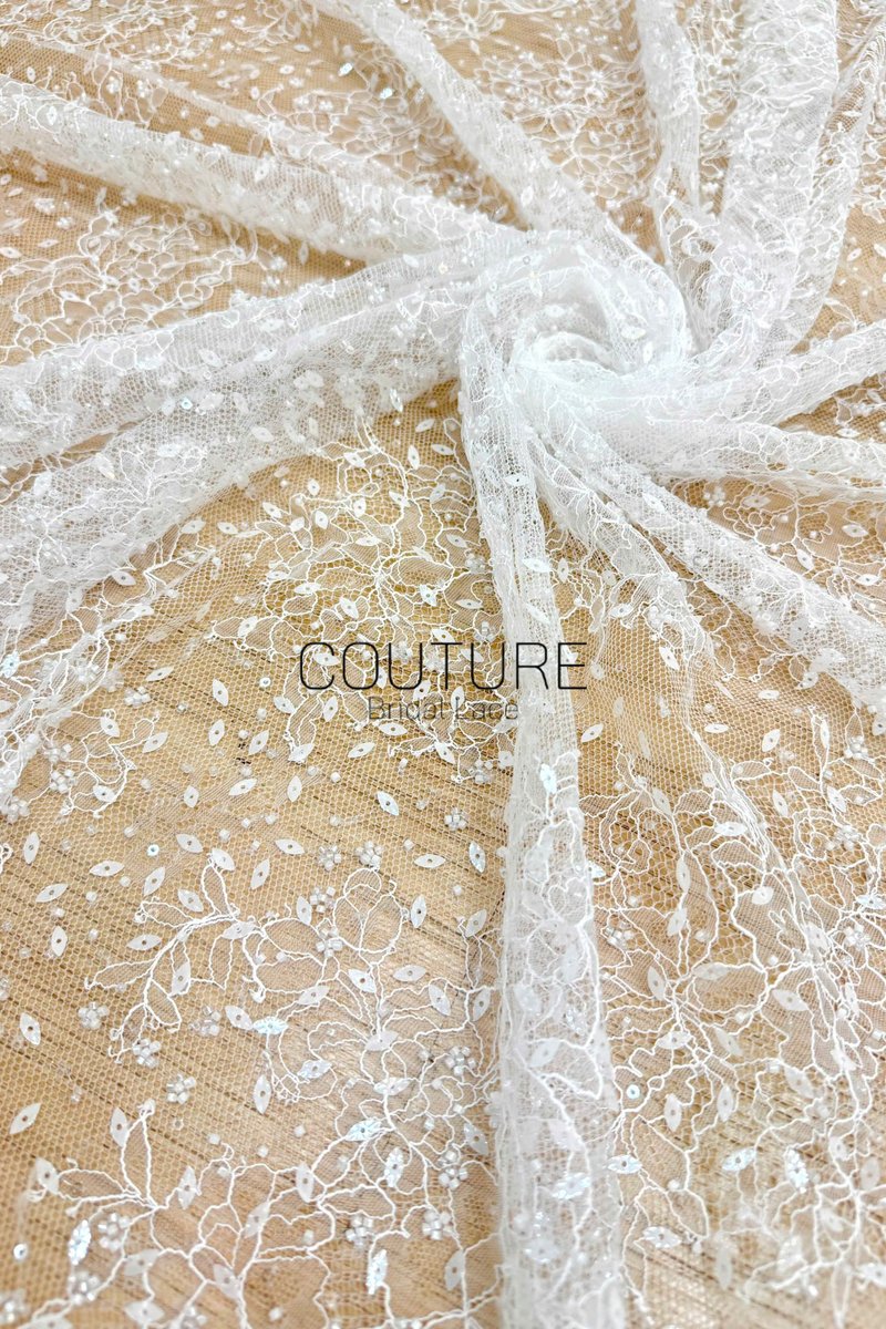 Beaded Chantilly Lace: Ivory Allover Climbing Floral with Scattered Navette Sequins and Ornate Scalloped Border, 3 Meters