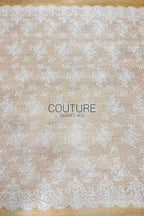 Beaded Chantilly Lace: Ivory Scattered Floral Sprays on Dotted Tulle with Micro Bead Accents and Double Scalloped Floral Border, 3 Meters