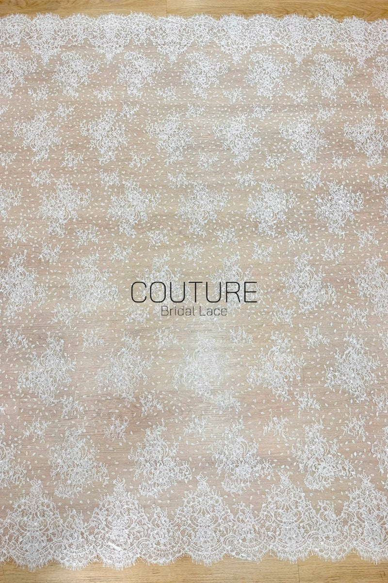 Beaded Chantilly Lace: Ivory Scattered Floral Sprays on Dotted Tulle with Micro Bead Accents and Double Scalloped Floral Border, 3 Meters