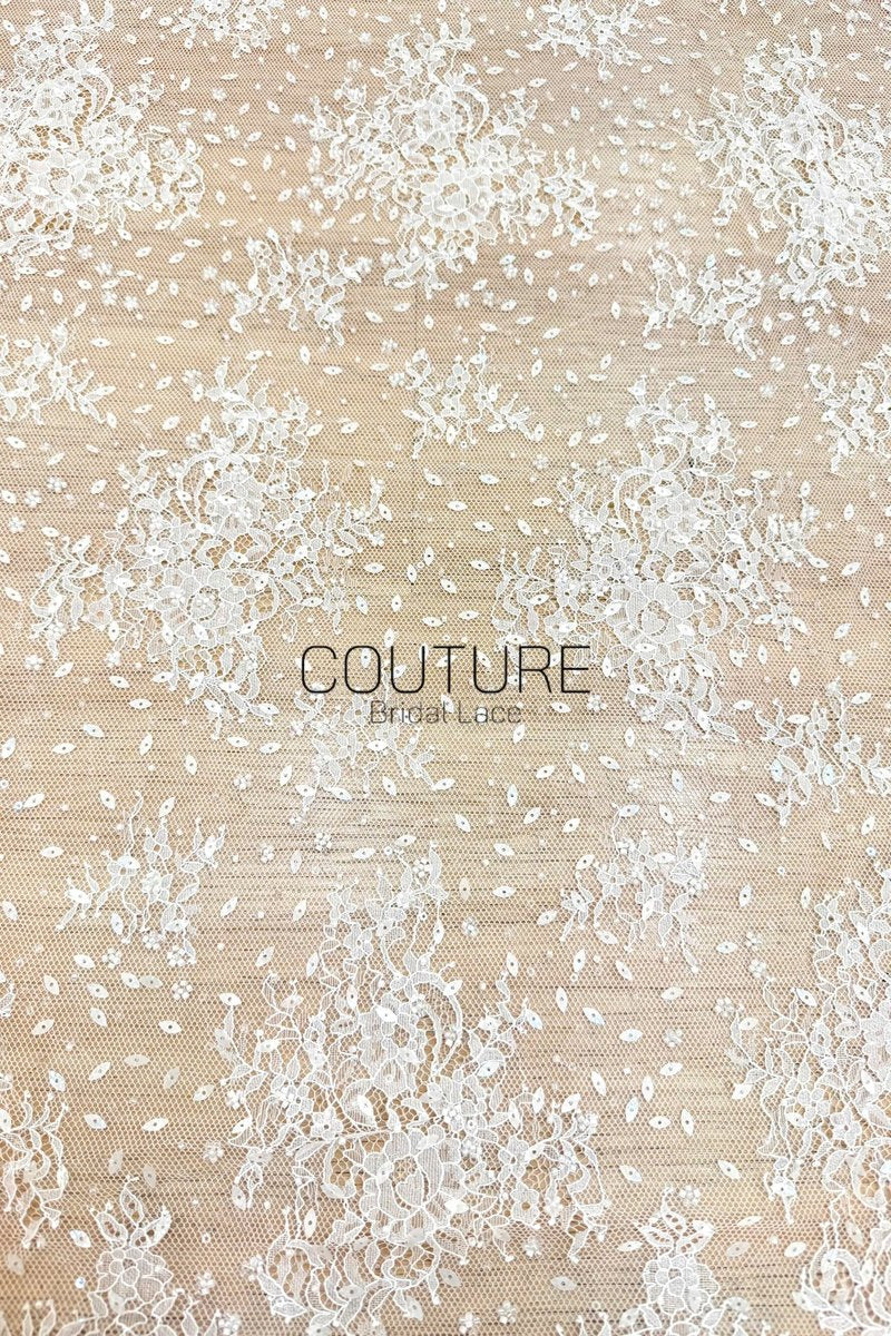 Beaded Chantilly Lace: Ivory Scattered Floral Sprays on Dotted Tulle with Micro Bead Accents and Double Scalloped Floral Border, 3 Meters