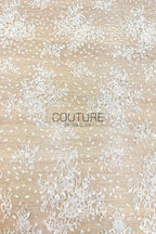 Beaded Chantilly Lace: Ivory Scattered Floral Sprays on Dotted Tulle with Micro Bead Accents and Double Scalloped Floral Border, 3 Meters