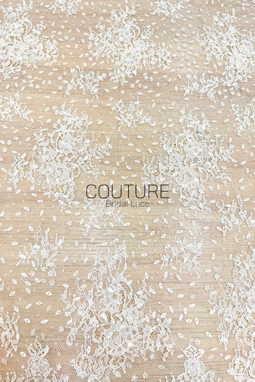 Beaded Chantilly Lace: Ivory Scattered Floral Sprays on Dotted Tulle with Micro Bead Accents and Double Scalloped Floral Border, 3 Meters