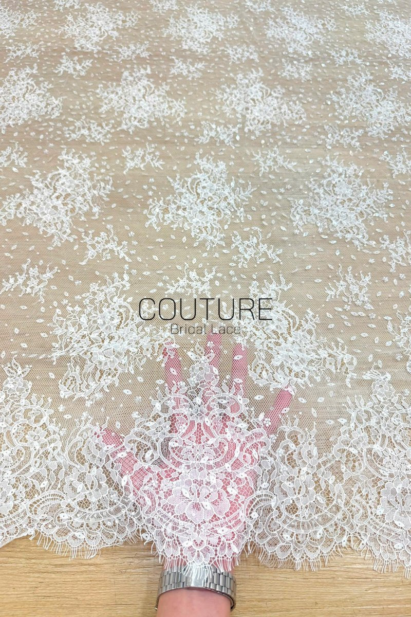 Beaded Chantilly Lace: Ivory Scattered Floral Sprays on Dotted Tulle with Micro Bead Accents and Double Scalloped Floral Border, 3 Meters
