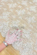 Beaded Chantilly Lace: Ivory Scattered Floral Sprays on Dotted Tulle with Micro Bead Accents and Double Scalloped Floral Border, 3 Meters