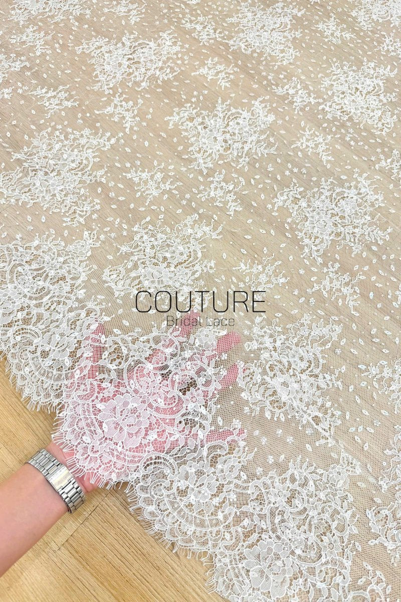 Beaded Chantilly Lace: Ivory Scattered Floral Sprays on Dotted Tulle with Micro Bead Accents and Double Scalloped Floral Border, 3 Meters