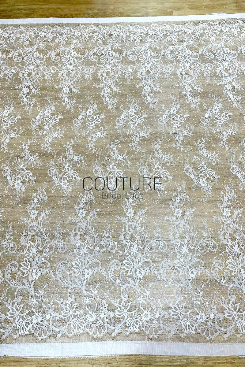 Beaded Chantilly Lace: Ivory Ornate Floral Scrollwork with Elaborate Scalloped Floral Edge Trim, 3 Meters