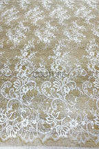 Beaded Chantilly Lace: Ivory Ornate Floral Scrollwork with Elaborate Scalloped Floral Edge Trim, 3 Meters