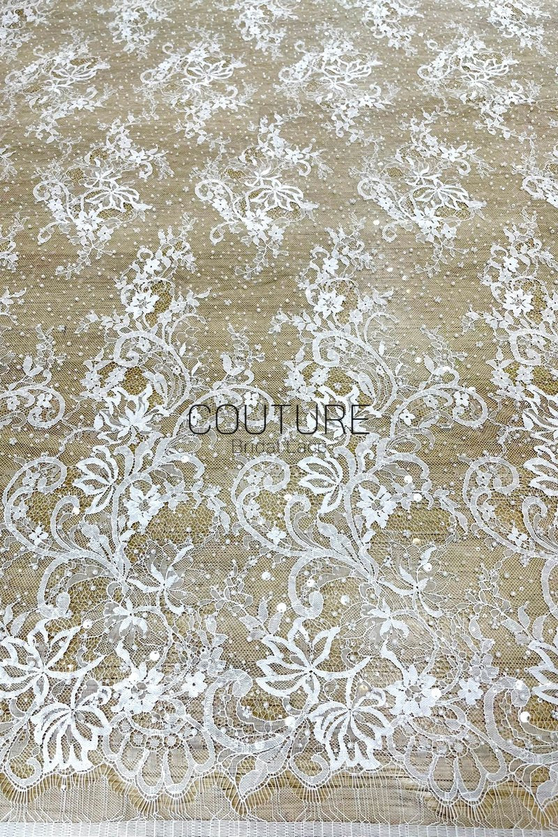 Beaded Chantilly Lace: Ivory Ornate Floral Scrollwork with Elaborate Scalloped Floral Edge Trim, 3 Meters