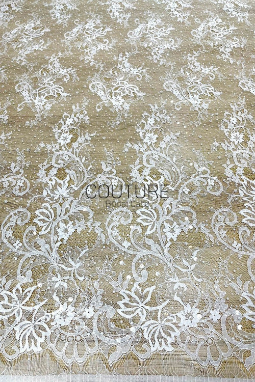Beaded Chantilly Lace: Ivory Ornate Floral Scrollwork with Elaborate Scalloped Floral Edge Trim, 3 Meters