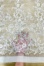 Beaded Chantilly Lace: Ivory Ornate Floral Scrollwork with Elaborate Scalloped Floral Edge Trim, 3 Meters
