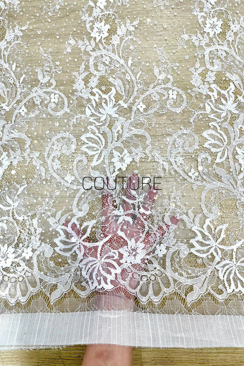 Beaded Chantilly Lace: Ivory Ornate Floral Scrollwork with Elaborate Scalloped Floral Edge Trim, 3 Meters