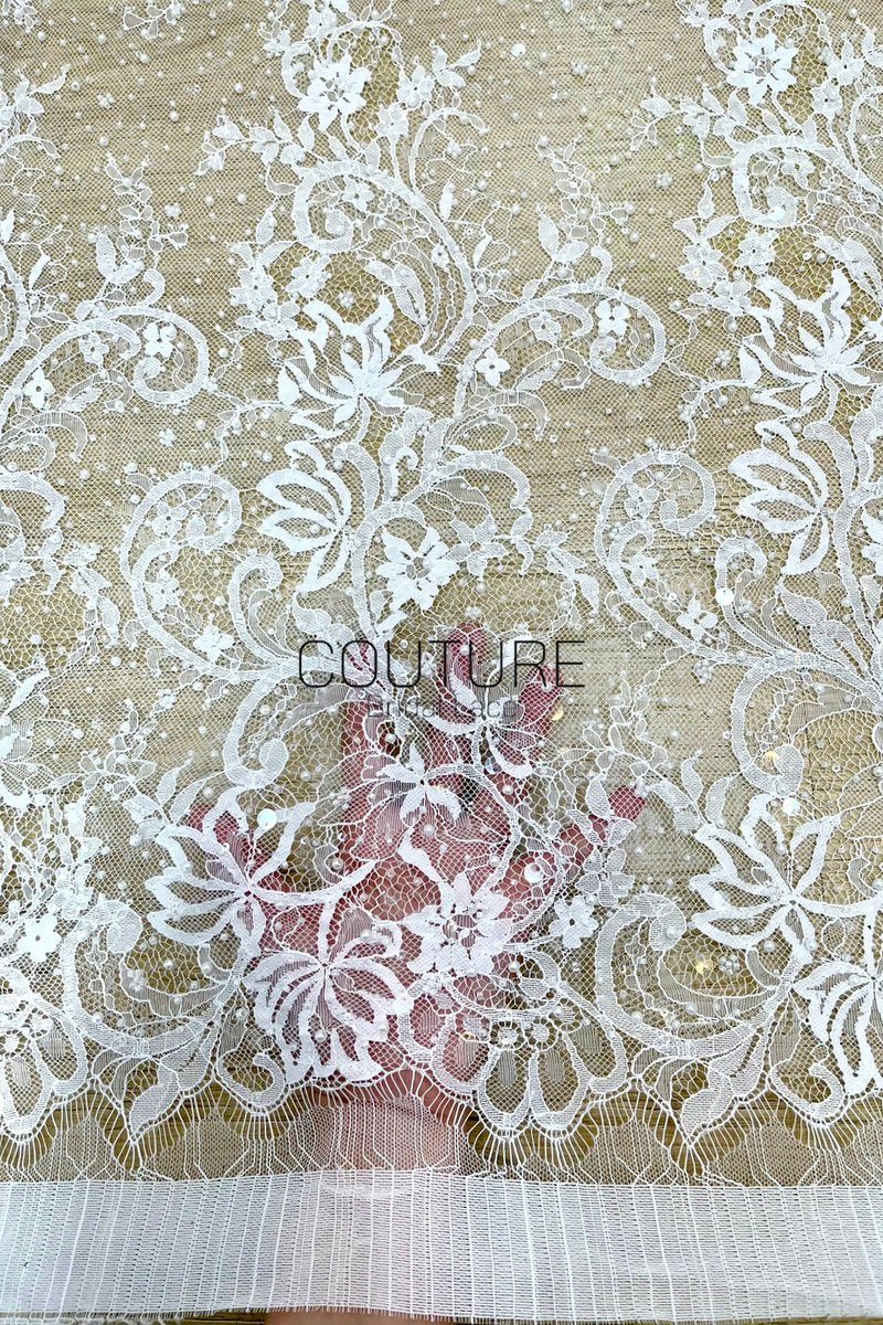 Beaded Chantilly Lace: Ivory Ornate Floral Scrollwork with Elaborate Scalloped Floral Edge Trim, 3 Meters