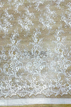 Beaded Chantilly Lace: Ivory Ornate Floral Scrollwork with Elaborate Scalloped Floral Edge Trim, 3 Meters
